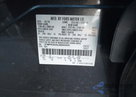 2018 Ford Edge Se z USA, uszkodzony, nr VIN 2FMPK4G92JBB95955